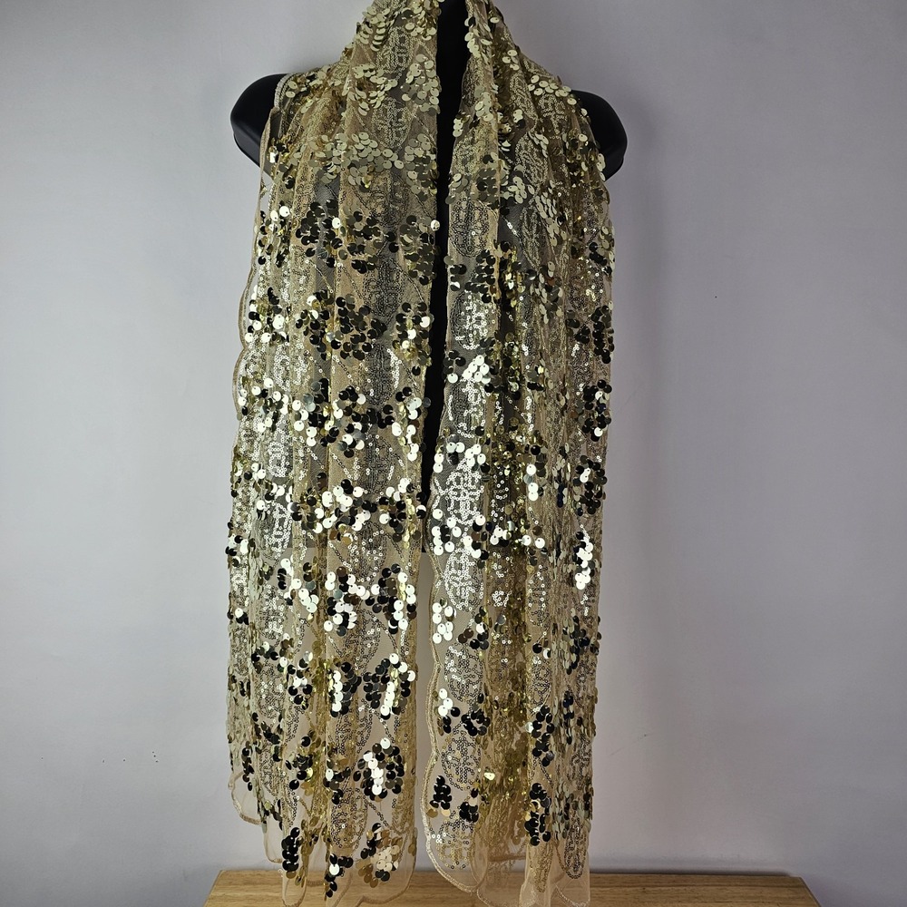 Joan Rivers Womens One Size Scarf Shawl Gold Metallic Sequin Glam Evening Wrap